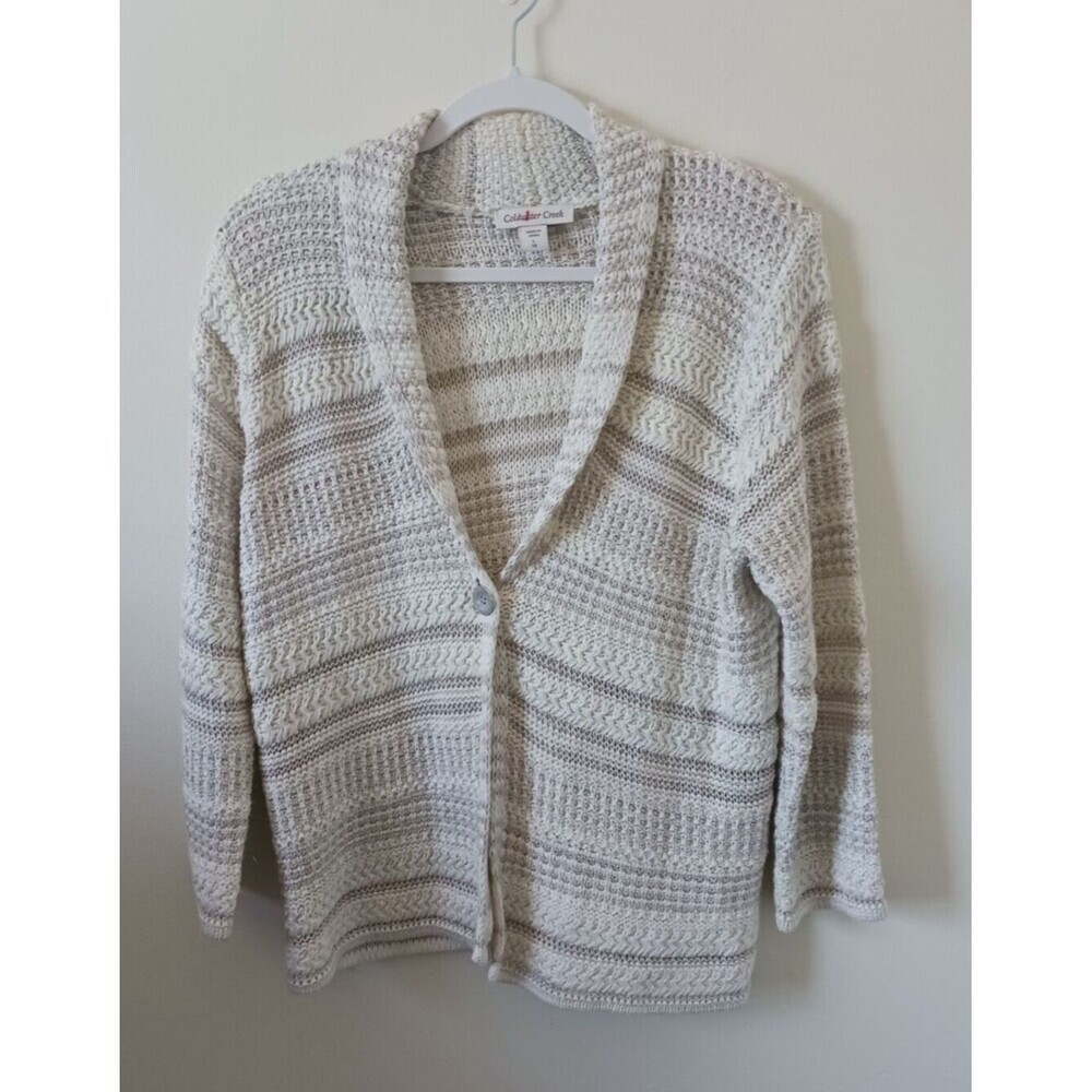 Coldwater Creek Women's Knit V Neck Shimmer Beige Gold Cardigan Sweater L